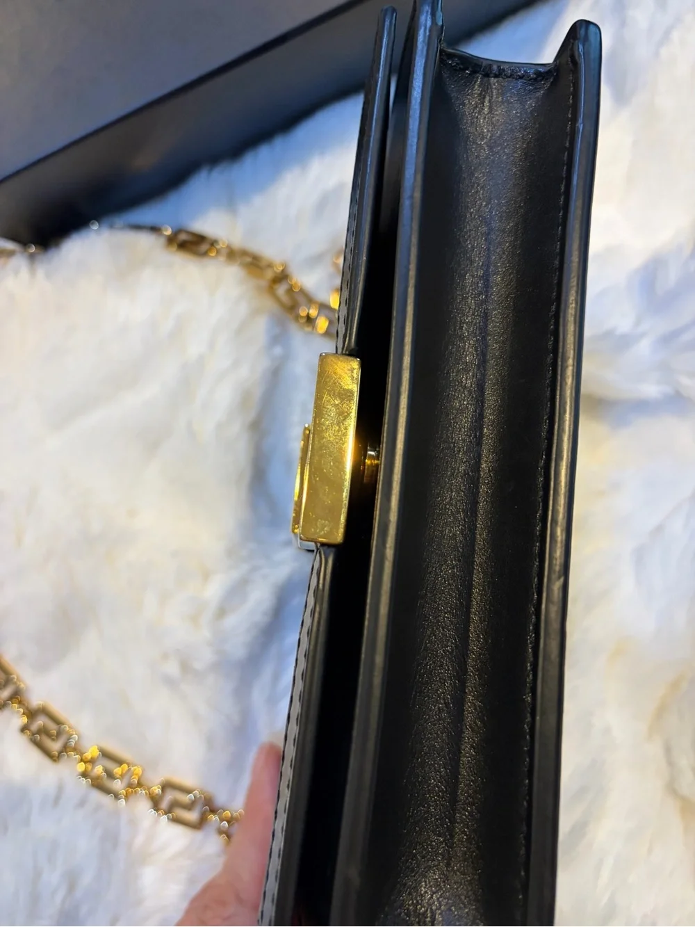 Versace Greca Goddess Black Leather Clutch with Gold Greek-Key Accent